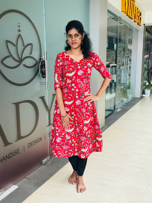 Floral Printed Red A-Line Cotton Kurta