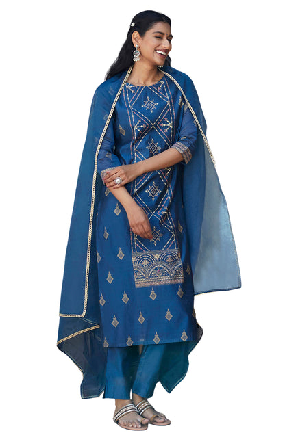 Teal Poly Silk Kurta With Pant and Dupatta