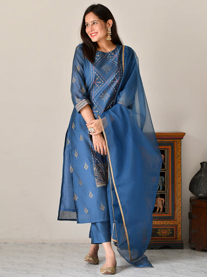 Teal Poly Silk Kurta With Pant and Dupatta