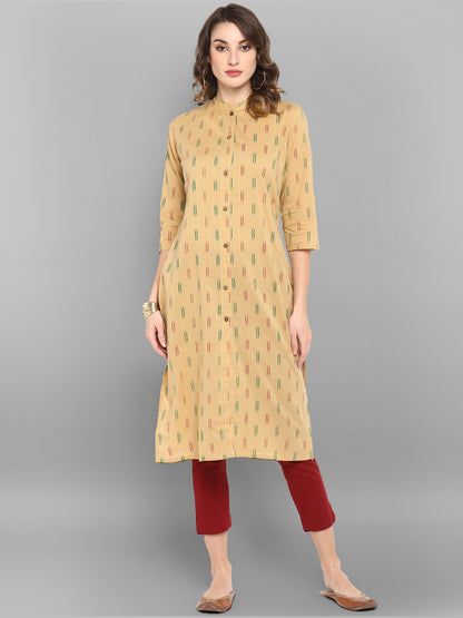 Beige Cotton Ikat Straight Kurta