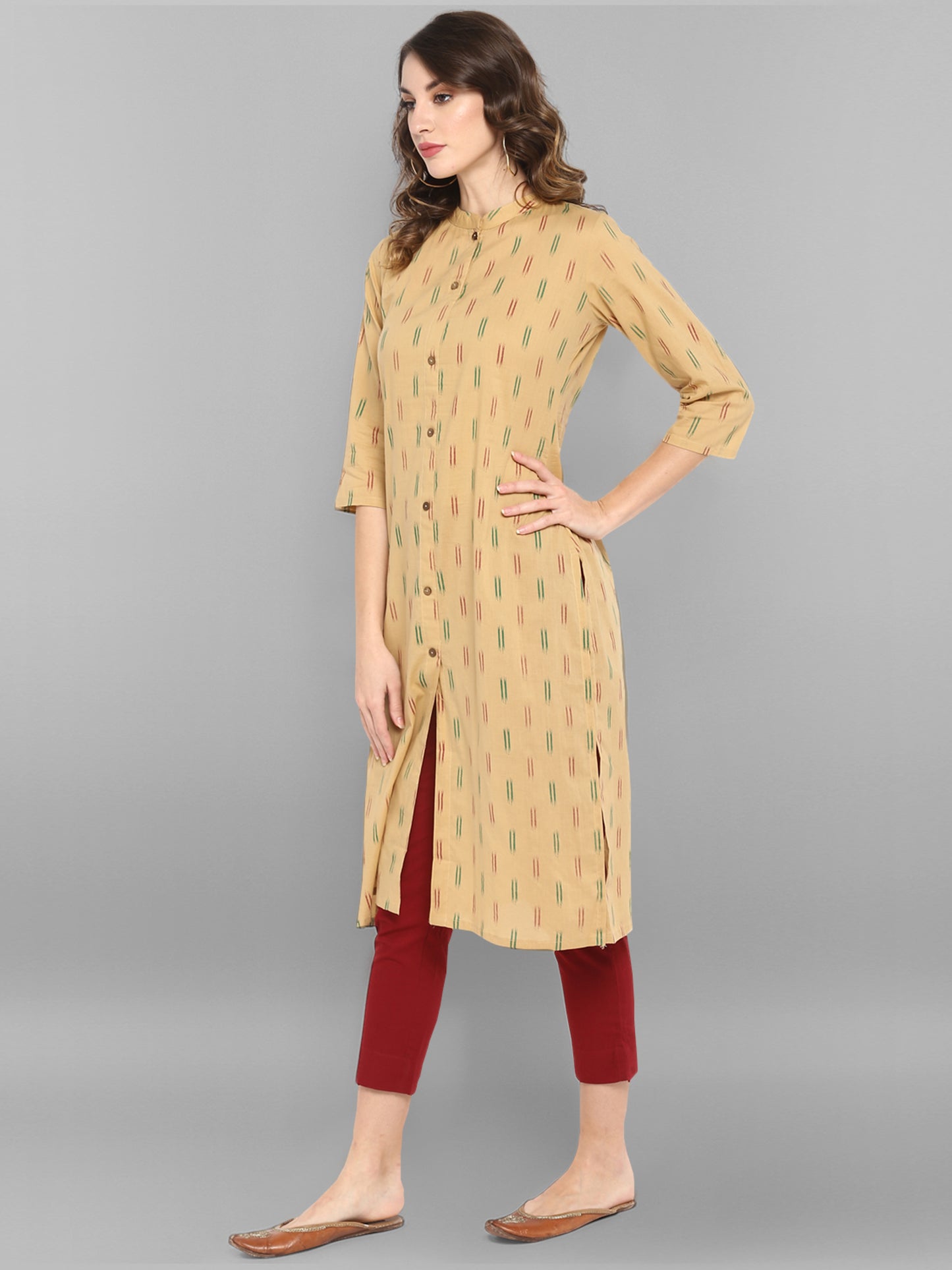 Beige Cotton Ikat Straight Kurta