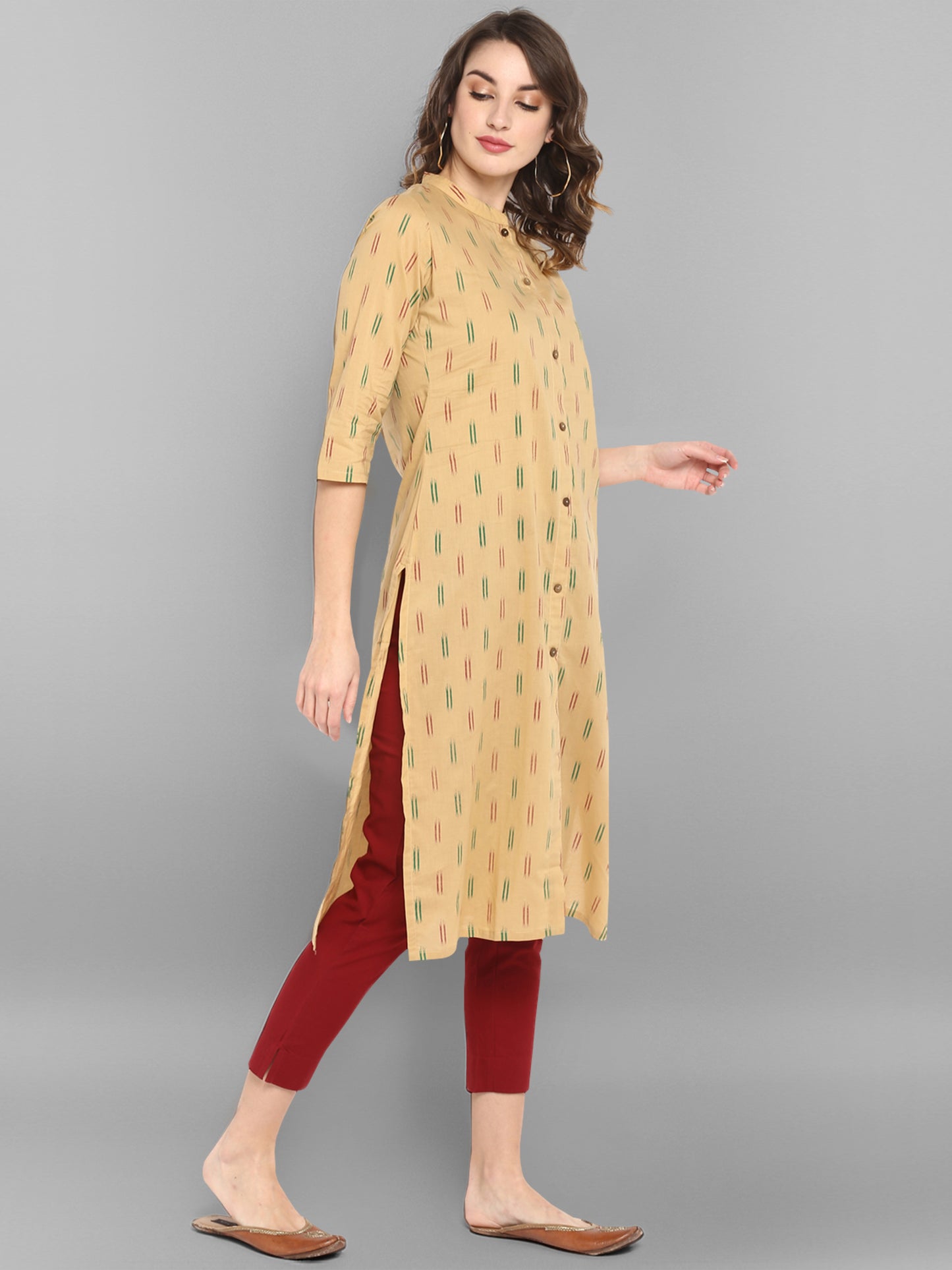 Beige Cotton Ikat Straight Kurta