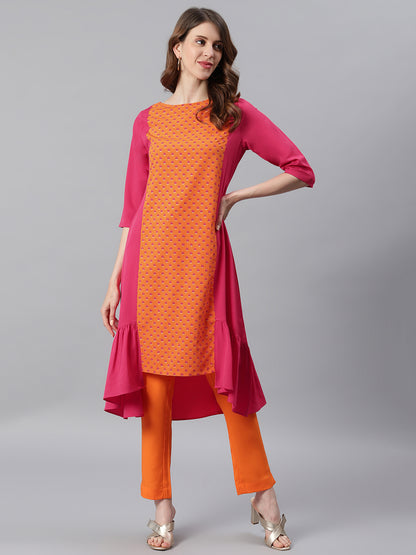 Orange Poly Crepe Floral Print A-line Kurta