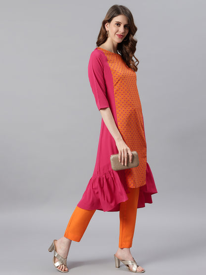 Orange Poly Crepe Floral Print A-line Kurta