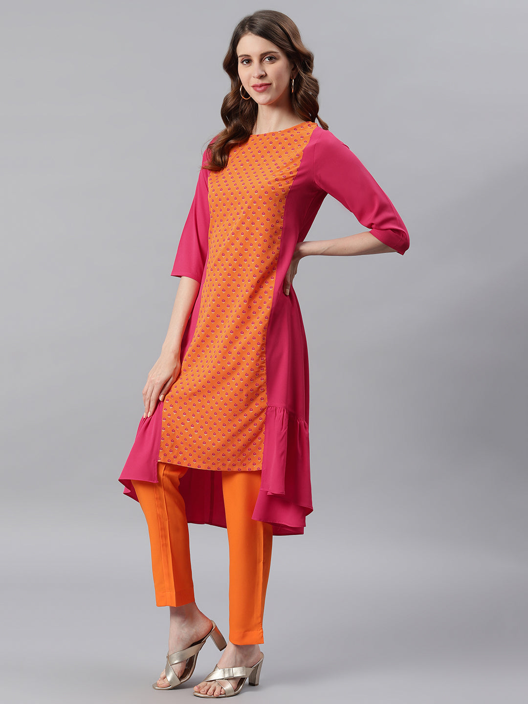 Orange Poly Crepe Floral Print A-line Kurta