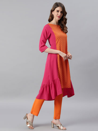 Orange Poly Crepe Floral Print A-line Kurta