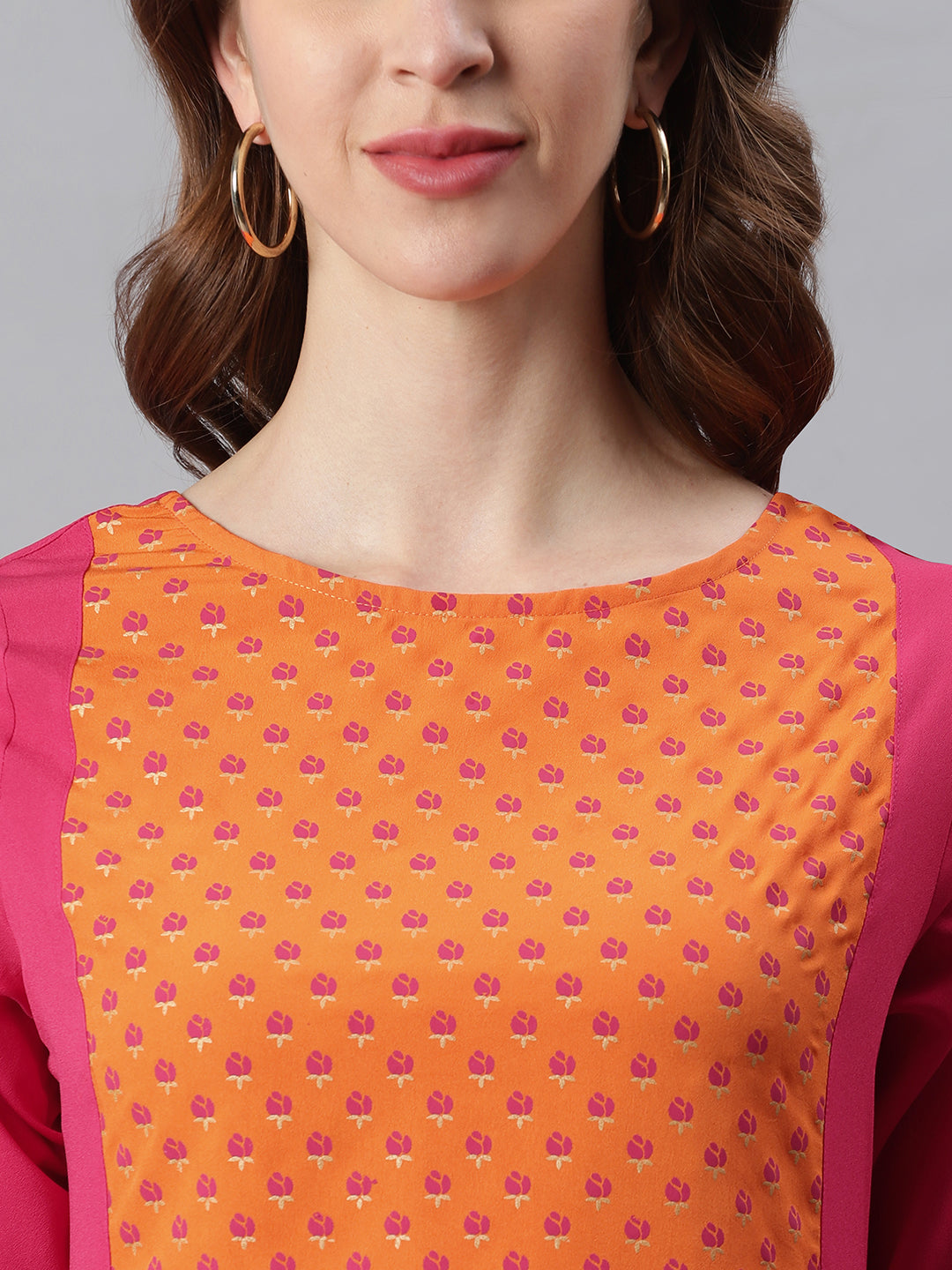 Orange Poly Crepe Floral Print A-line Kurta