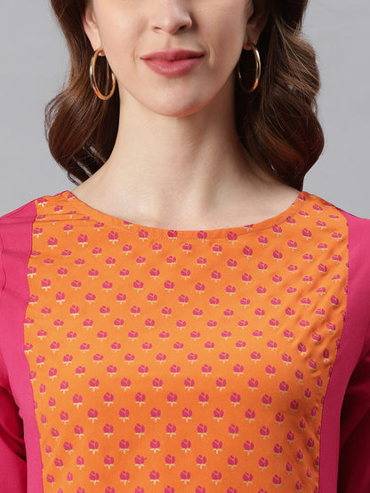 Orange Poly Crepe Floral Print A-line Kurta