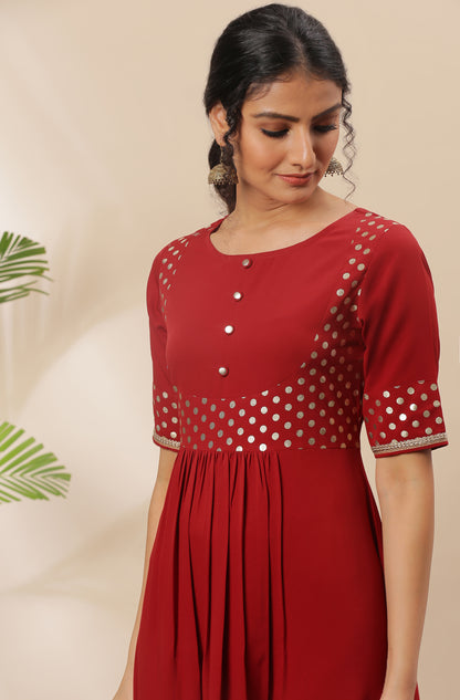 Maroon Poly Crepe Polka Print A-line Kurta