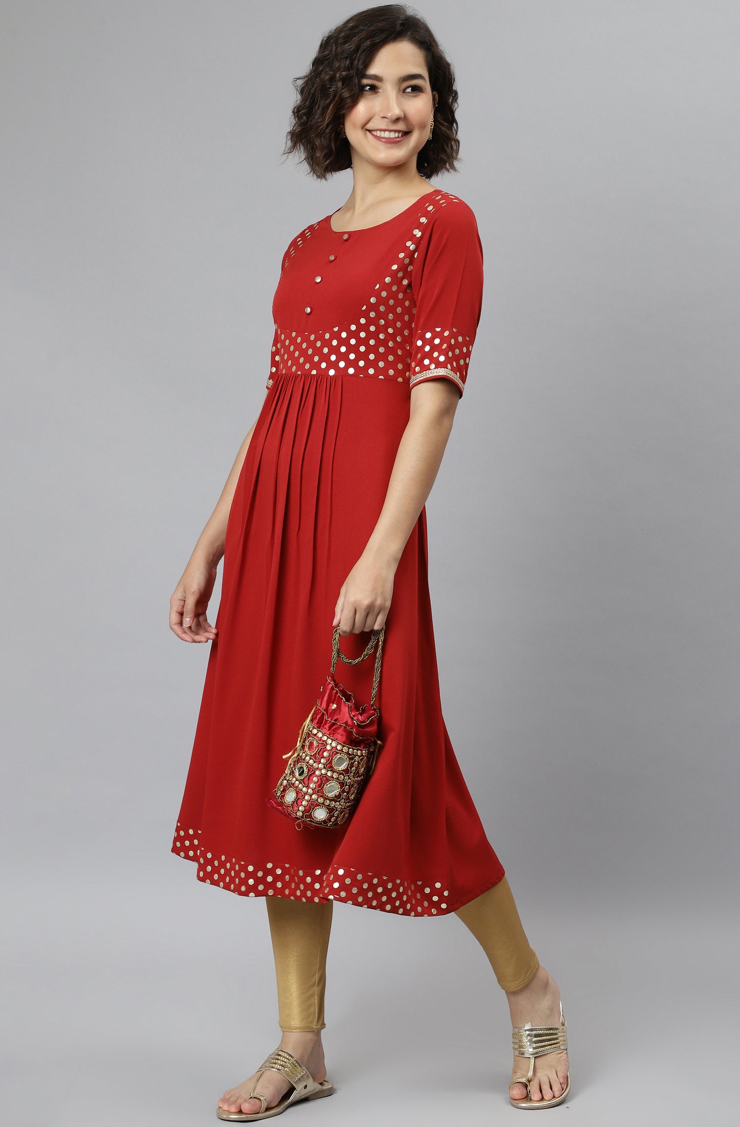 Maroon Poly Crepe Polka Print A-line Kurta