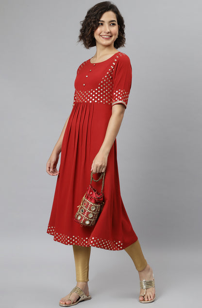 Maroon Poly Crepe Polka Print A-line Kurta