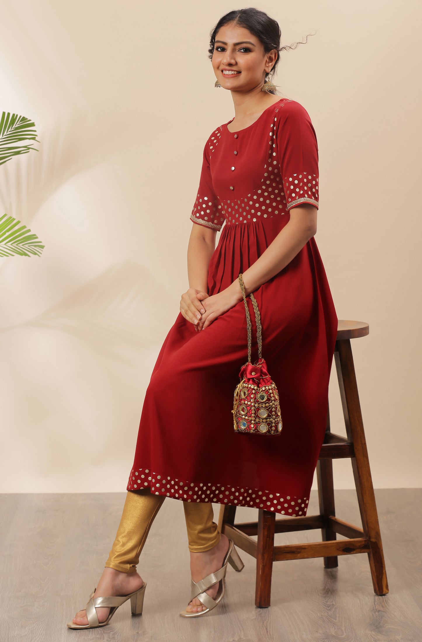 Maroon Poly Crepe Polka Print A-line Kurta