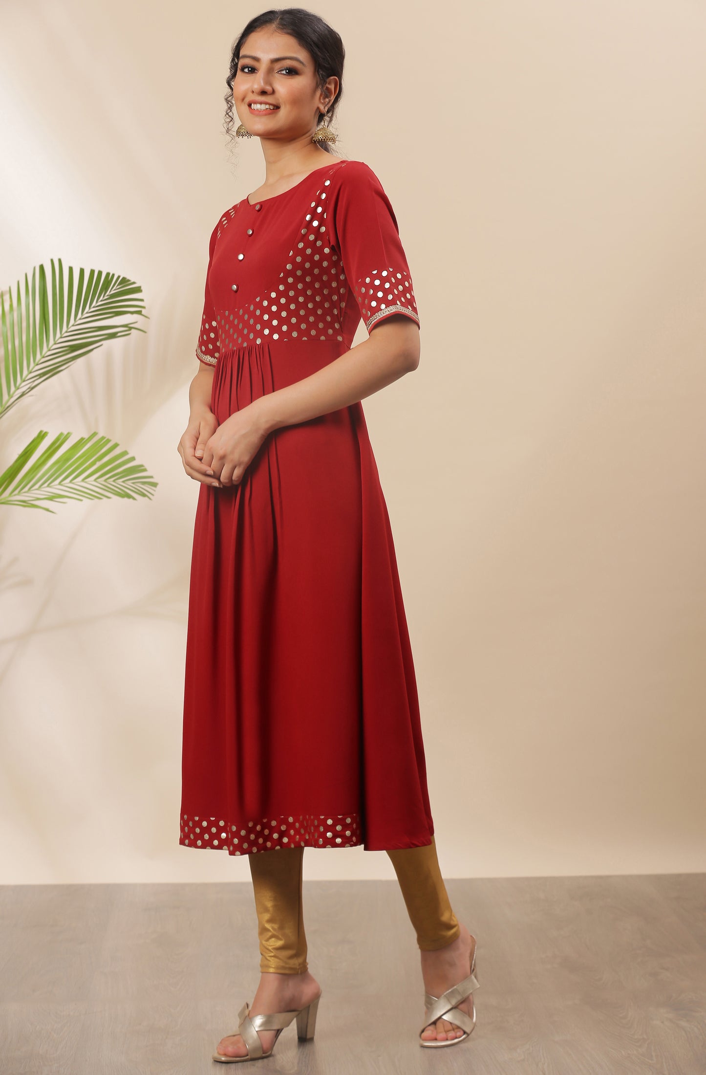 Maroon Poly Crepe Polka Print A-line Kurta