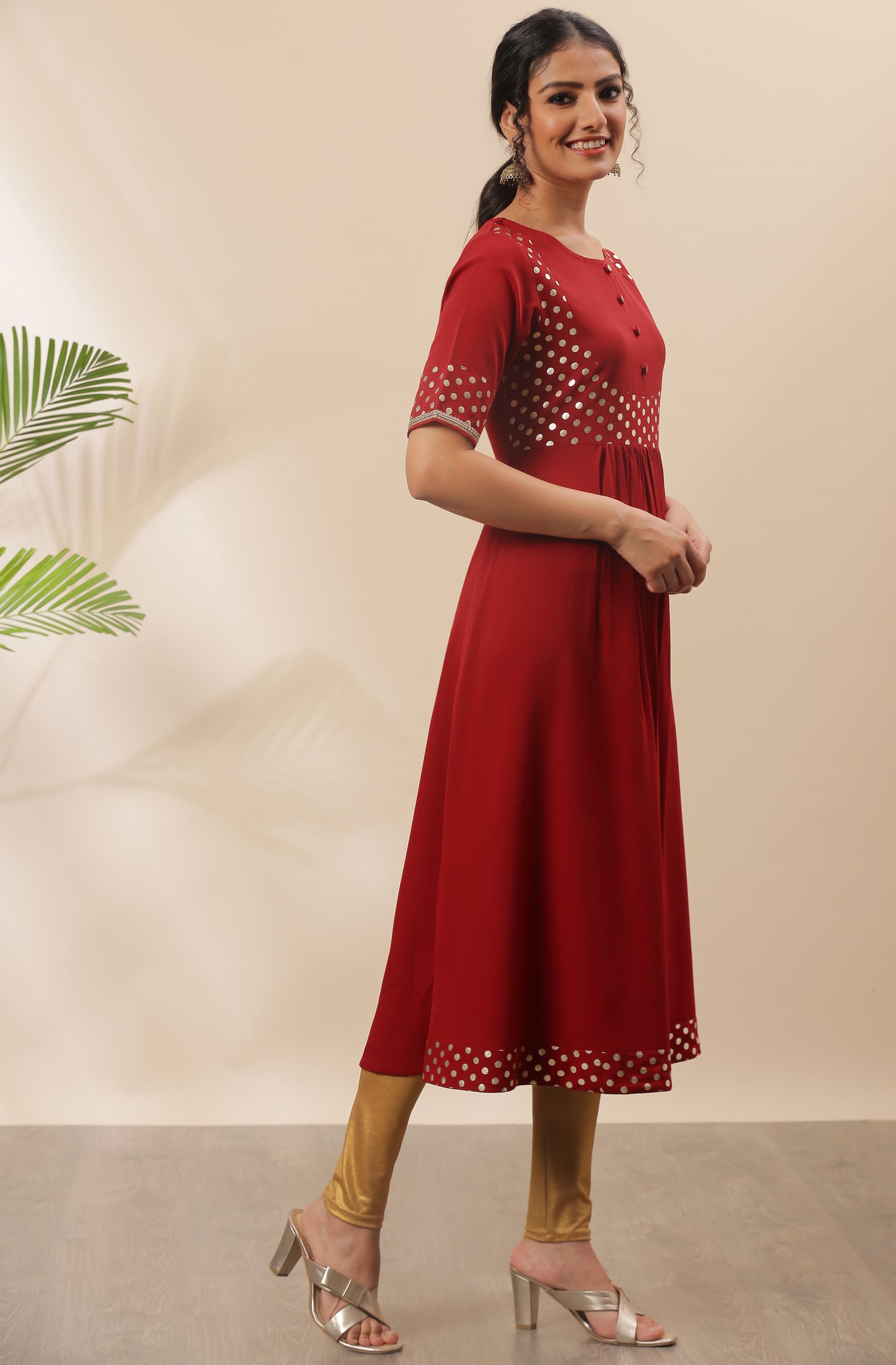 Maroon Poly Crepe Polka Print A-line Kurta