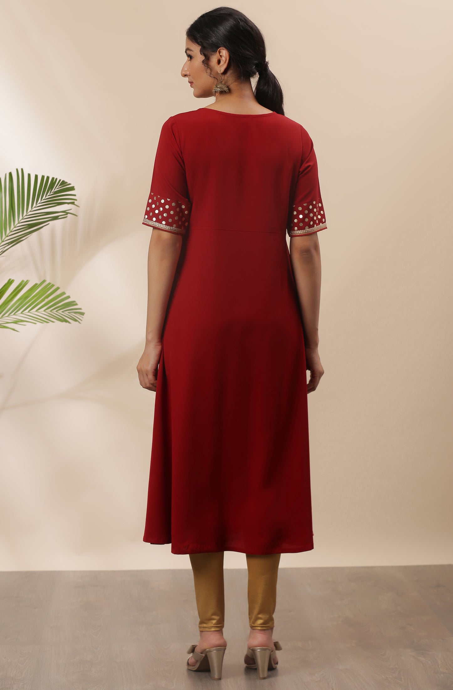 Maroon Poly Crepe Polka Print A-line Kurta