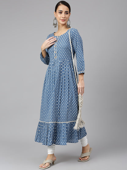 Blue Cotton Ethnic Motifs Flared Kurta