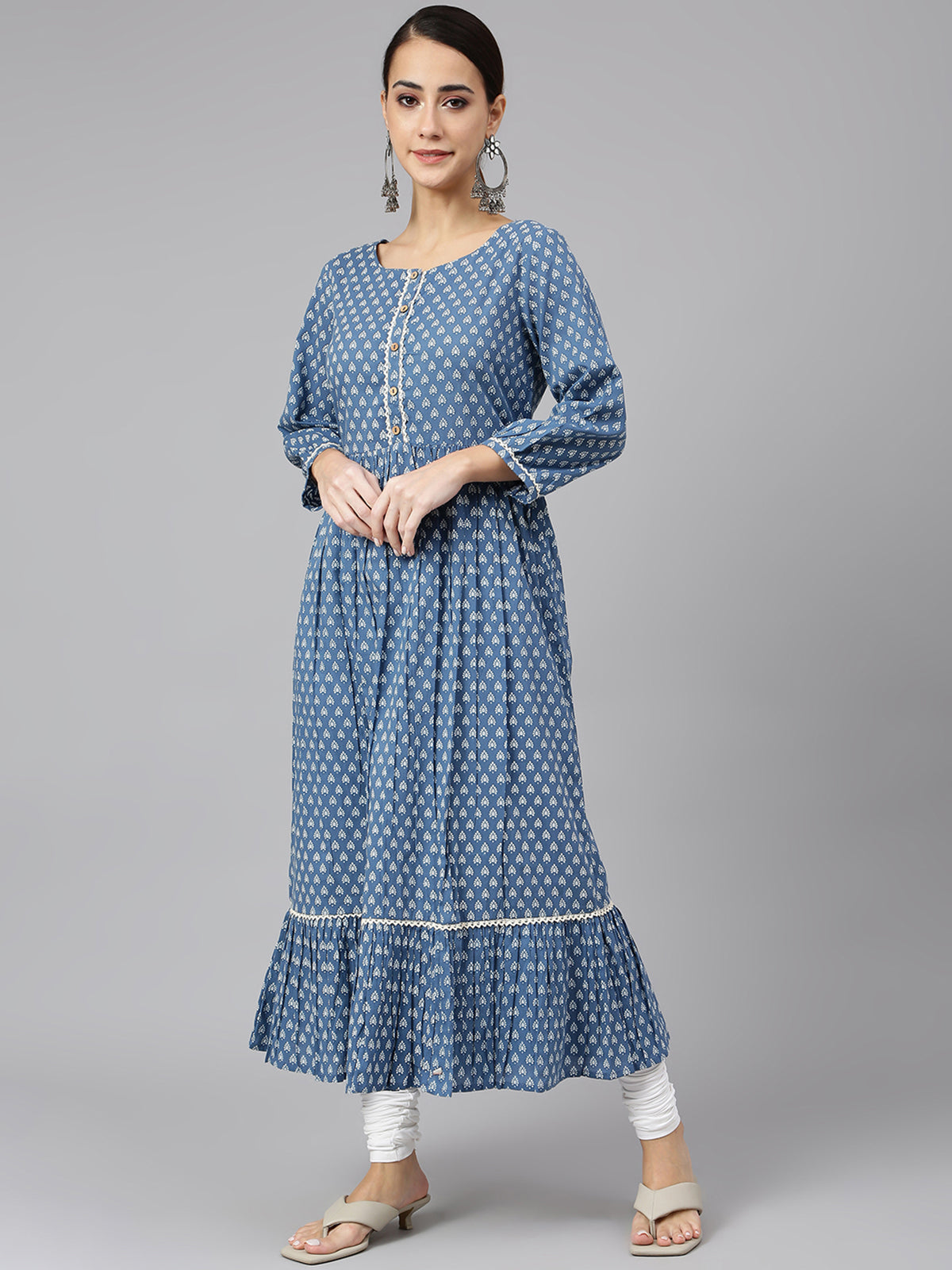 Blue Cotton Ethnic Motifs Flared Kurta