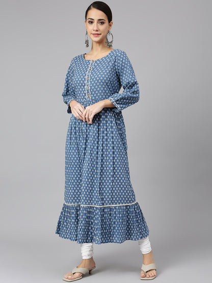 Blue Cotton Ethnic Motifs Flared Kurta