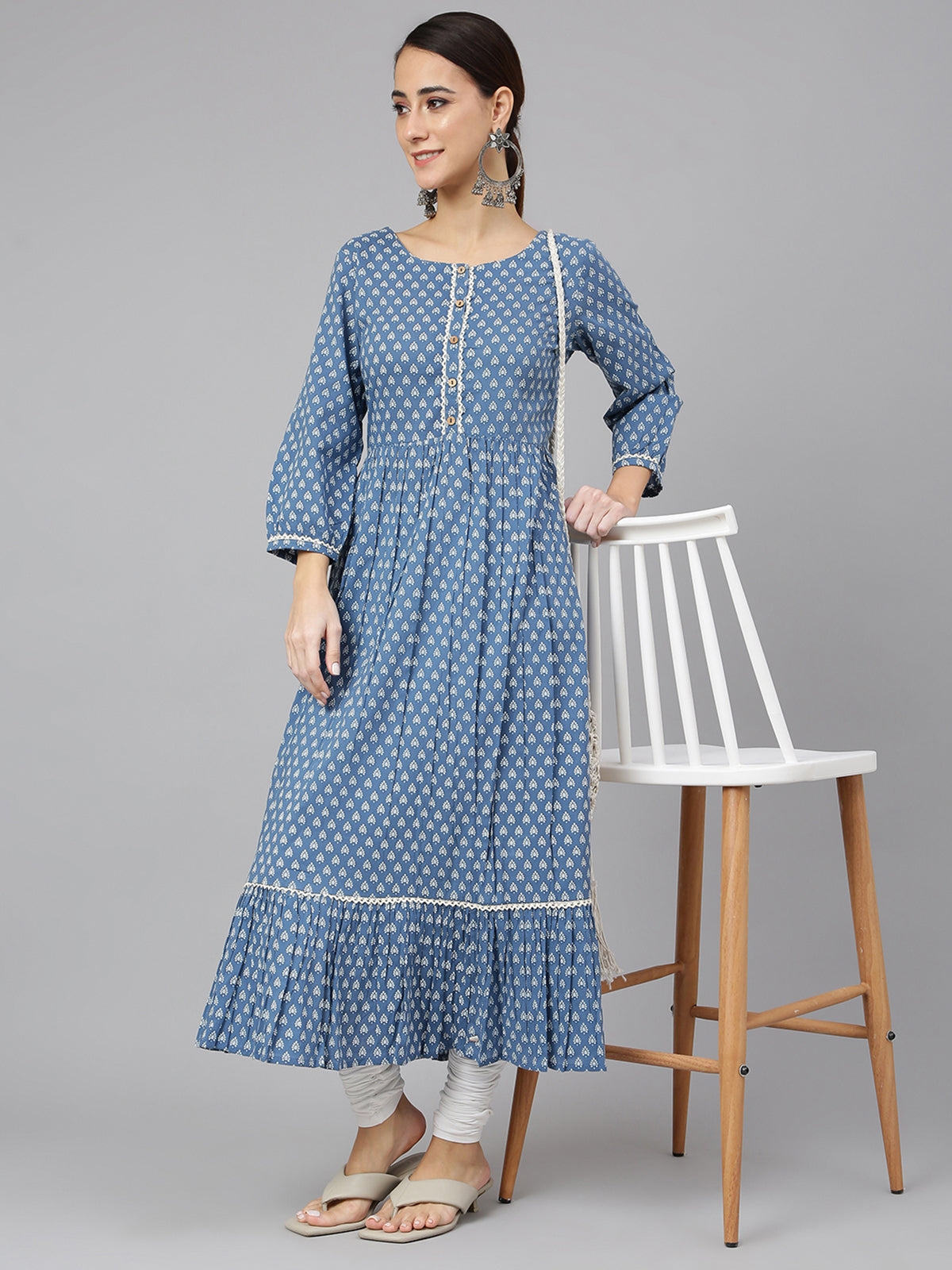 Blue Cotton Ethnic Motifs Flared Kurta