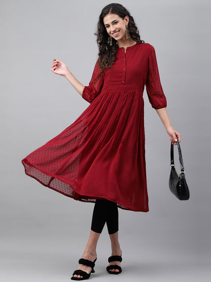 Maroon Dobby Chiffon Self Design Flared Kurta