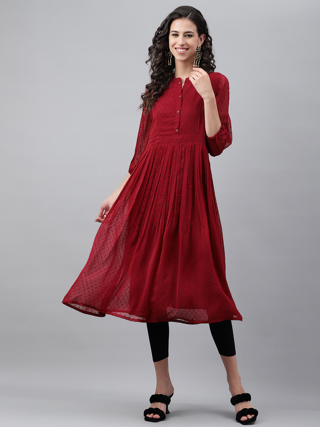 Maroon Dobby Chiffon Self Design Flared Kurta