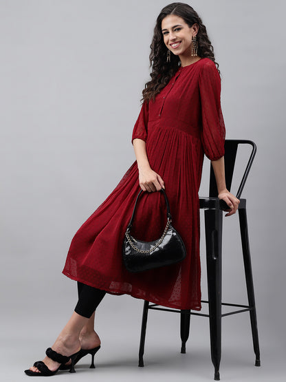 Maroon Dobby Chiffon Self Design Flared Kurta