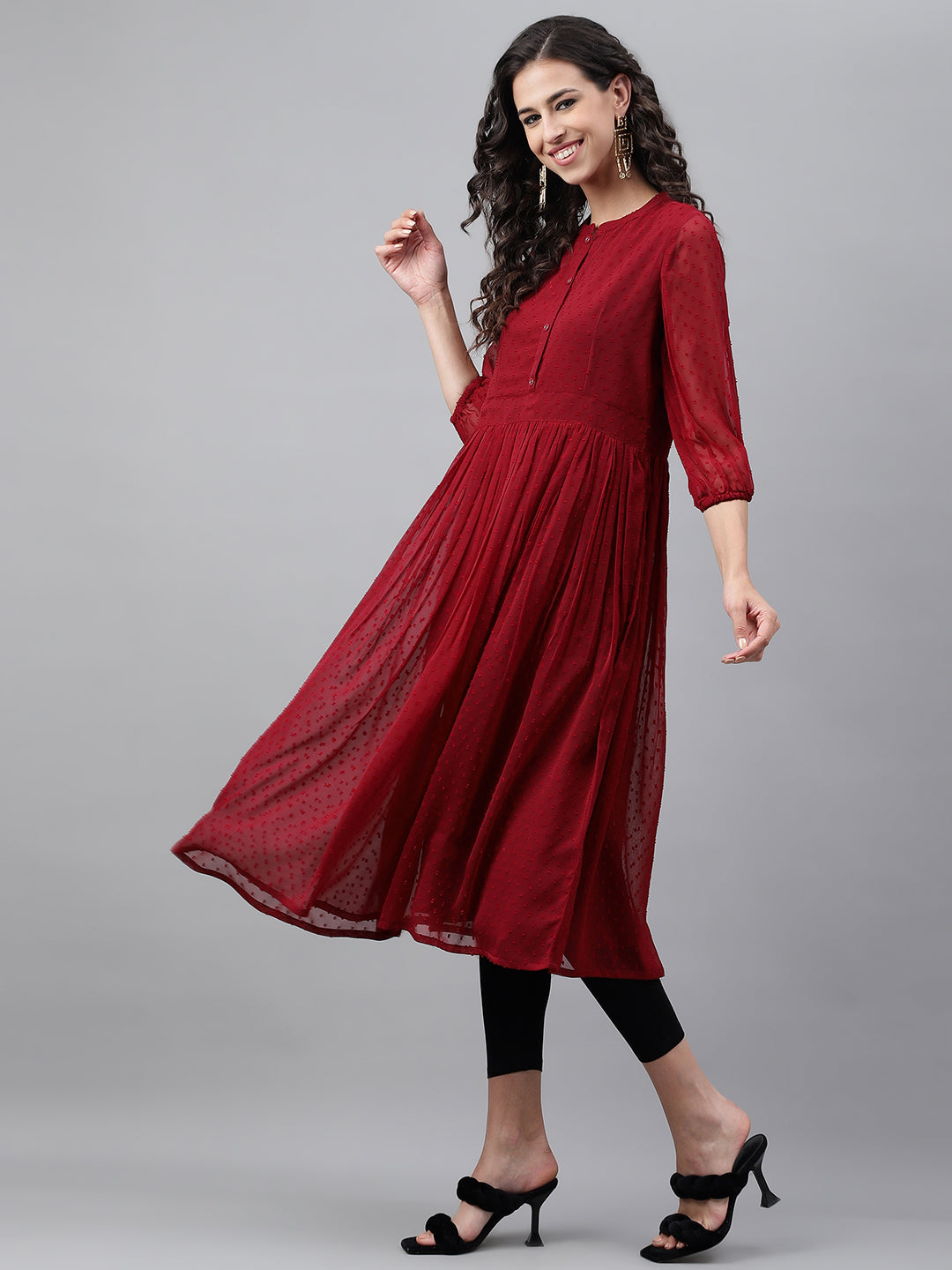 Maroon Dobby Chiffon Self Design Flared Kurta