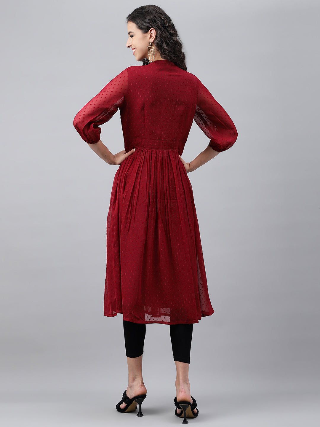 Maroon Dobby Chiffon Self Design Flared Kurta