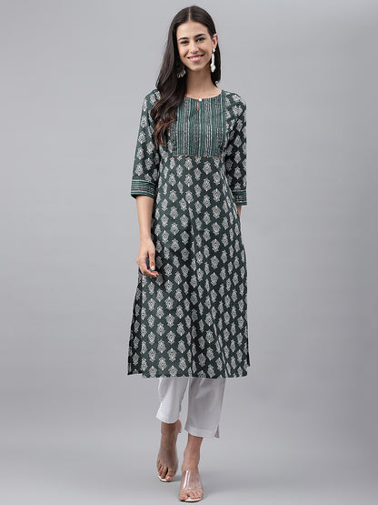 Dark Green Cotton Ethnic Motifs Straight Kurta