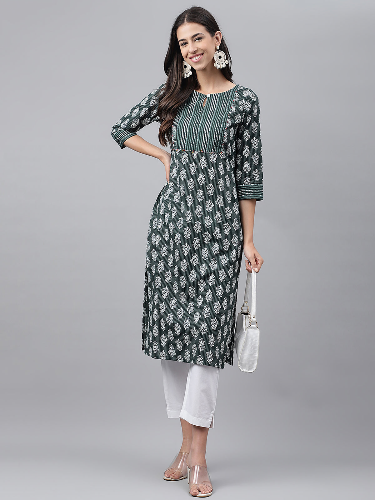 Dark Green Cotton Ethnic Motifs Straight Kurta