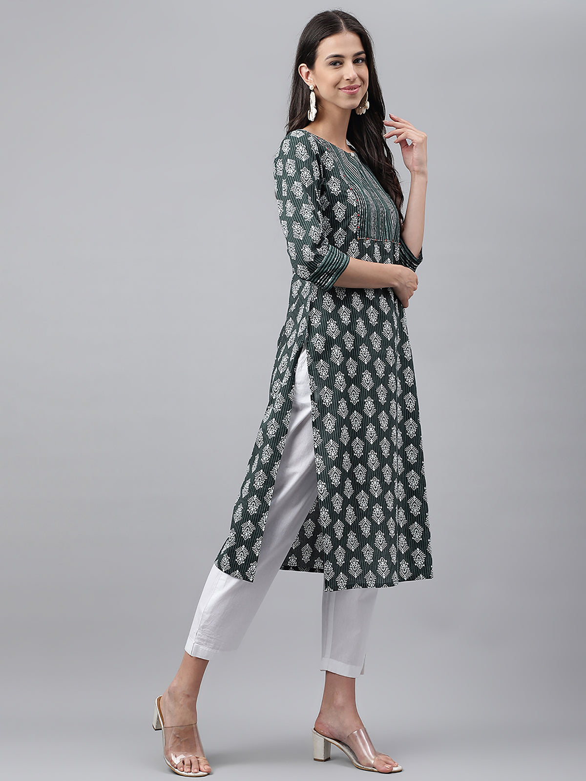 Dark Green Cotton Ethnic Motifs Straight Kurta