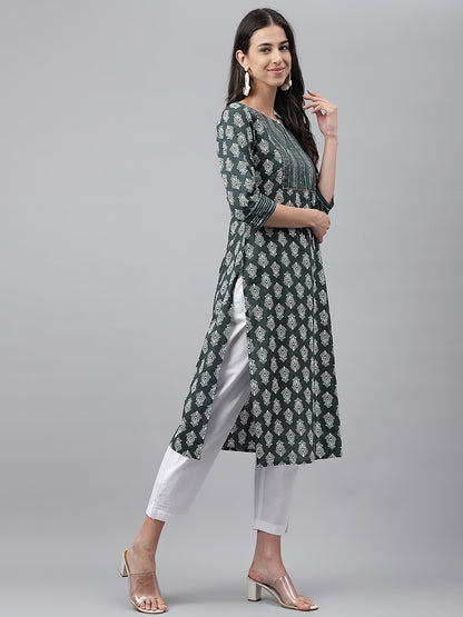 Dark Green Cotton Ethnic Motifs Straight Kurta