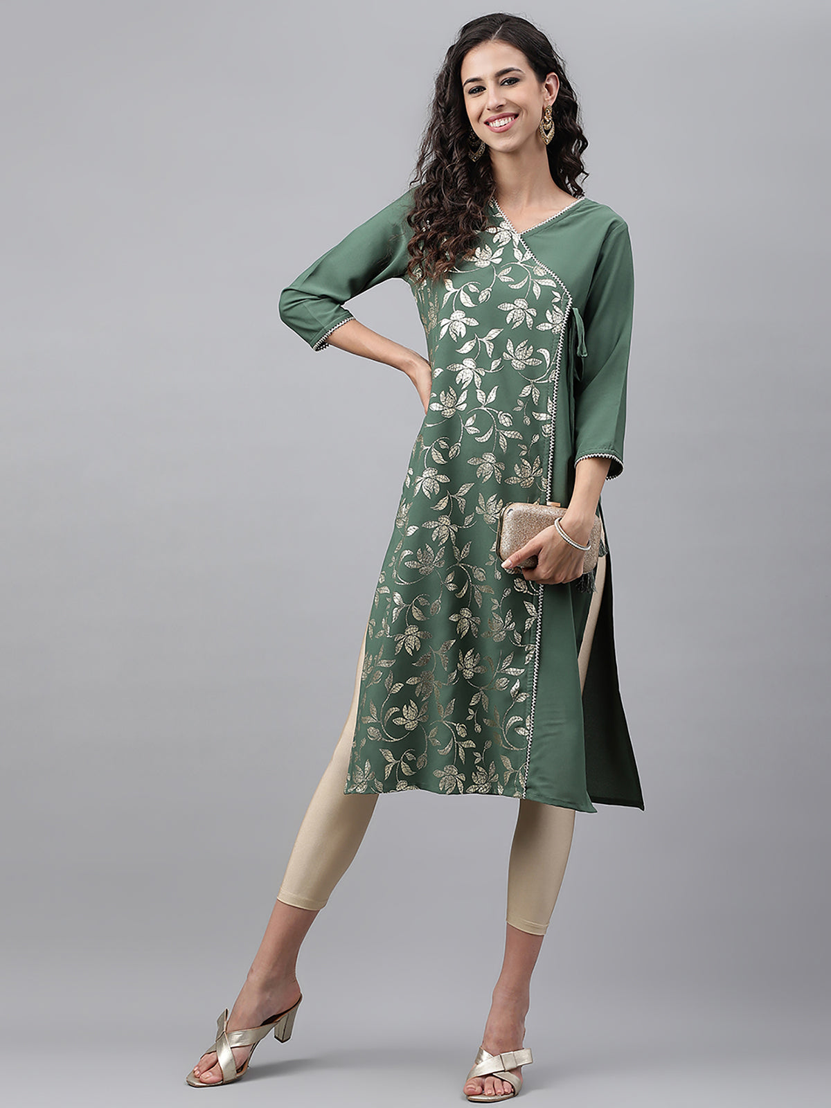 Green Crepe Foil Printed Angrakha Kurta