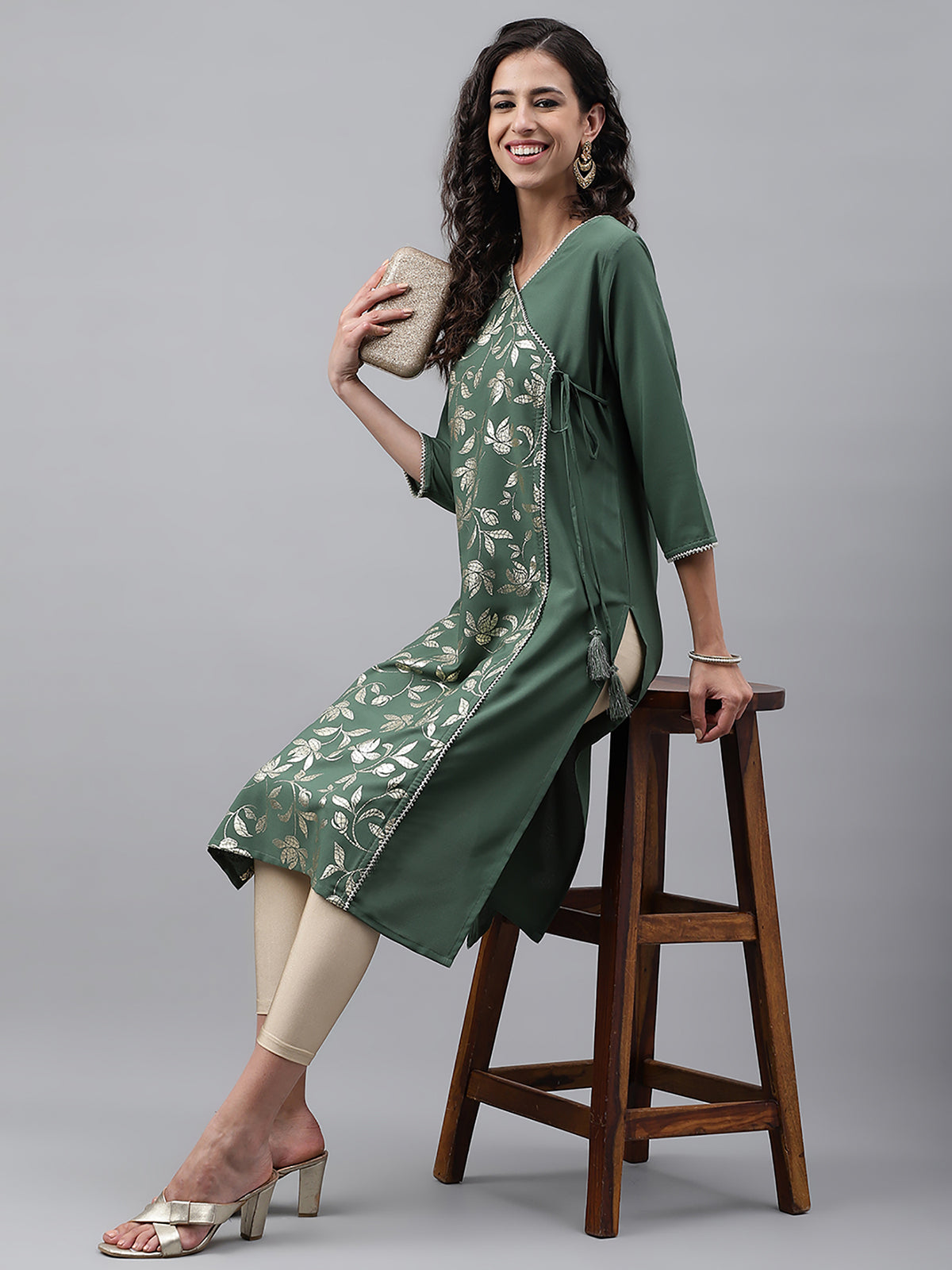 Green Crepe Foil Printed Angrakha Kurta