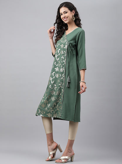 Green Crepe Foil Printed Angrakha Kurta