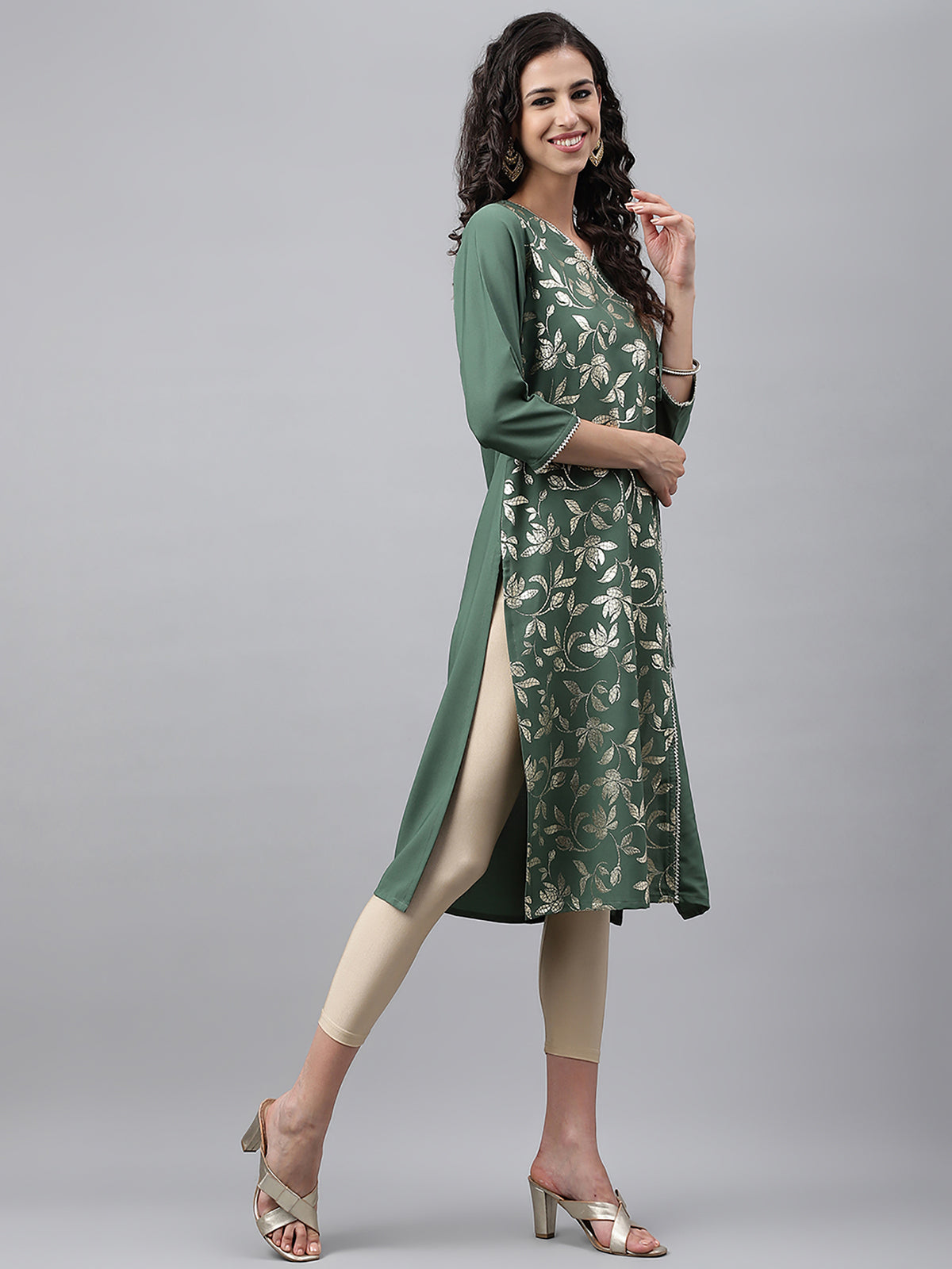 Green Crepe Foil Printed Angrakha Kurta