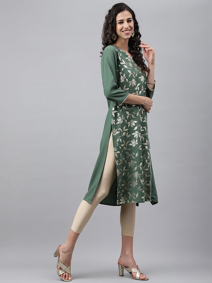 Green Crepe Foil Printed Angrakha Kurta