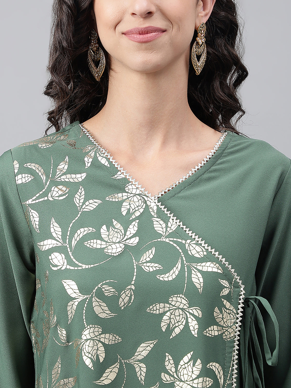 Green Crepe Foil Printed Angrakha Kurta