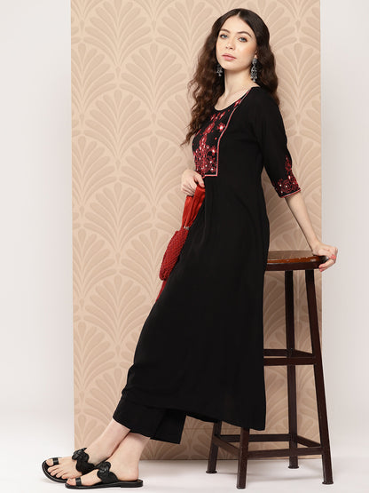 Women's Black Rayon Yoke Embroidered A-Line Kurta