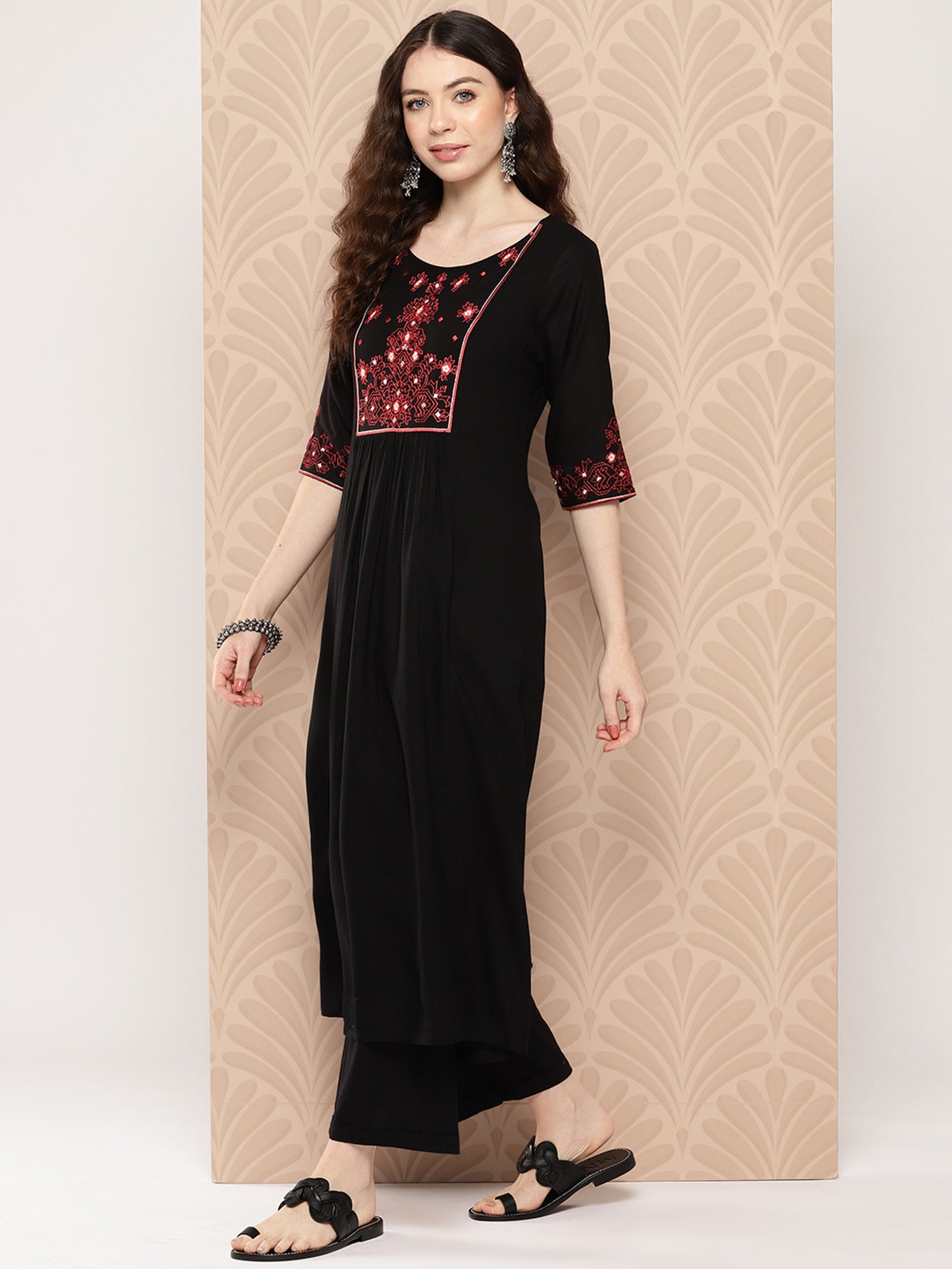 Women's Black Rayon Yoke Embroidered A-Line Kurta