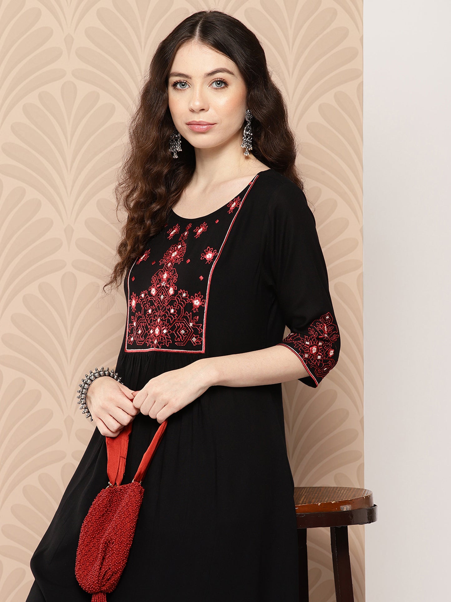 Women's Black Rayon Yoke Embroidered A-Line Kurta