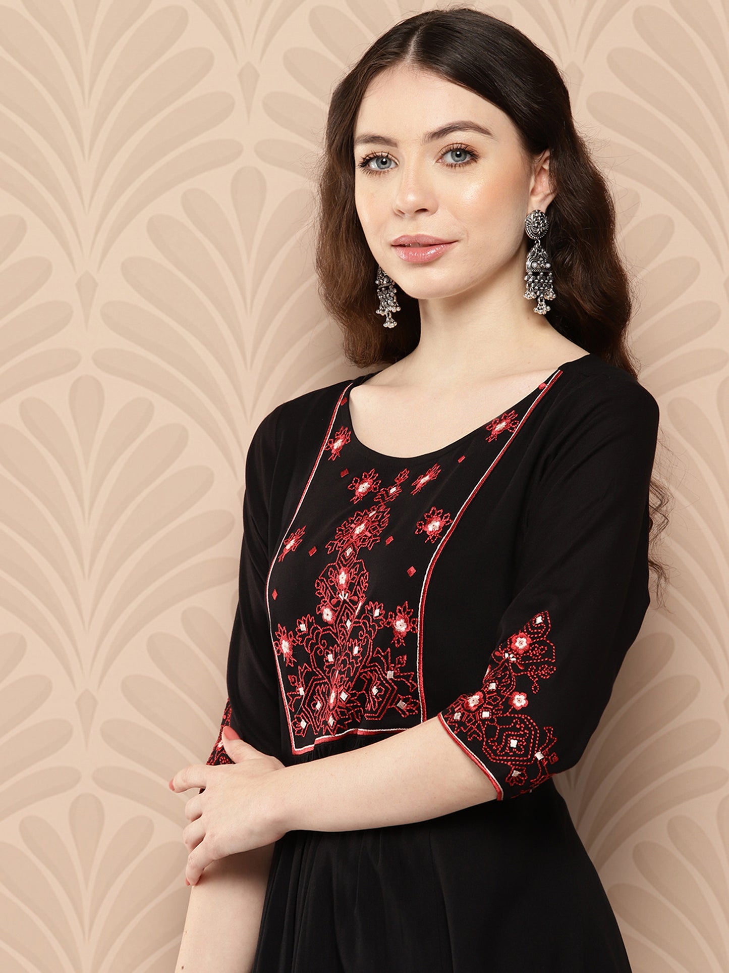 Women's Black Rayon Yoke Embroidered A-Line Kurta