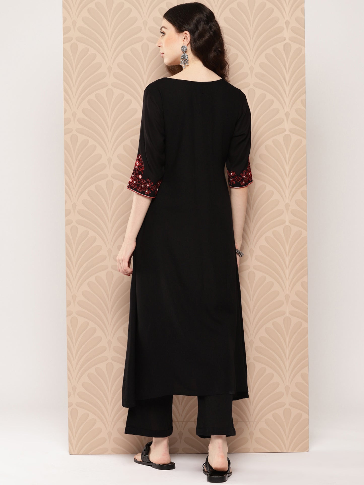 Women's Black Rayon Yoke Embroidered A-Line Kurta