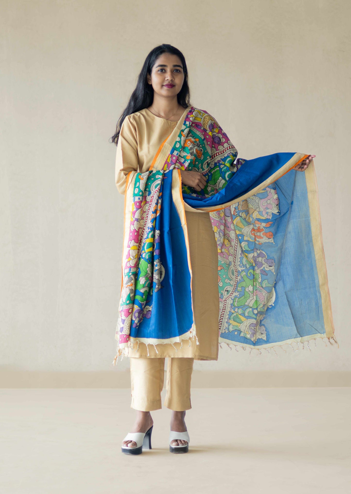 Srikalahasti Hand painted Bangalore Silk Pen Kalamkari Cotton Dupatta