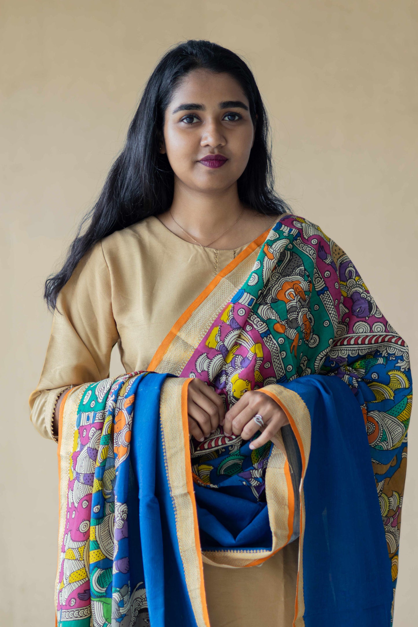 Srikalahasti Hand painted Bangalore Silk Pen Kalamkari Cotton Dupatta