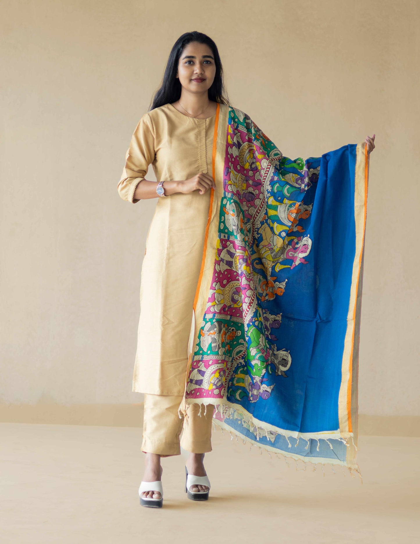 Srikalahasti Hand painted Bangalore Silk Pen Kalamkari Cotton Dupatta