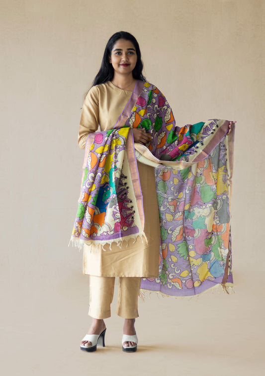 Mangalagiri Silk Pen Kalamkari Dupatta With Floral Print