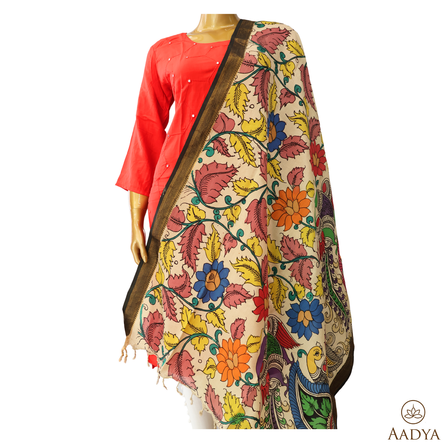 Mangalagiri Silk Pen Kalamkari Dupatta With Floral Print