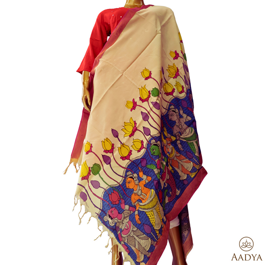 Magalagiri Slik pen kalamkari Dupatta Beautified with Hand painting