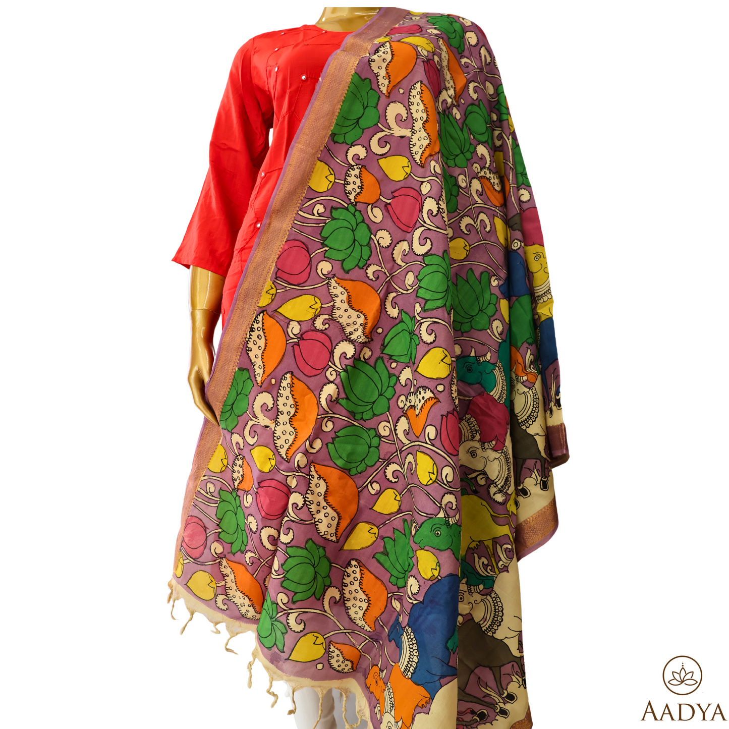 Mangalagiri Silk Pen Kalamkari Dupatta With Floral Print